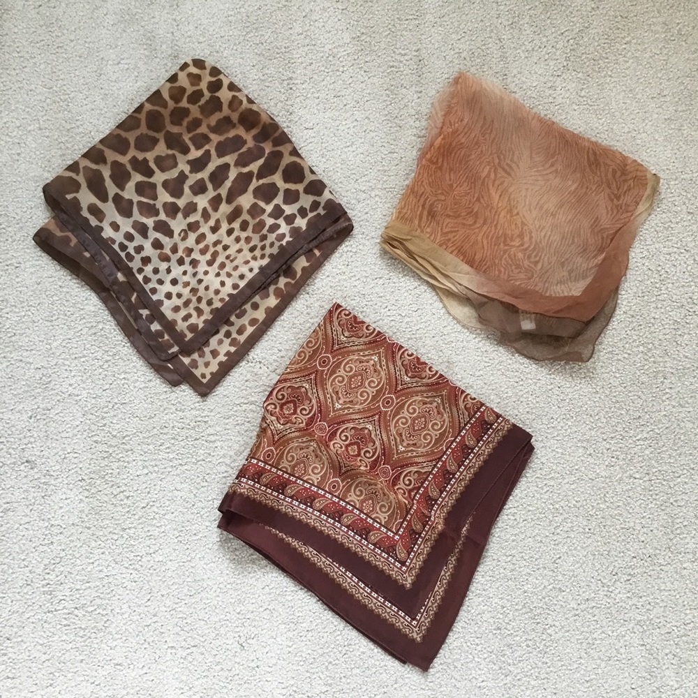 Lot Bundle 3 brown square scarves, 2 animal print 1 paisley, all excellent cond